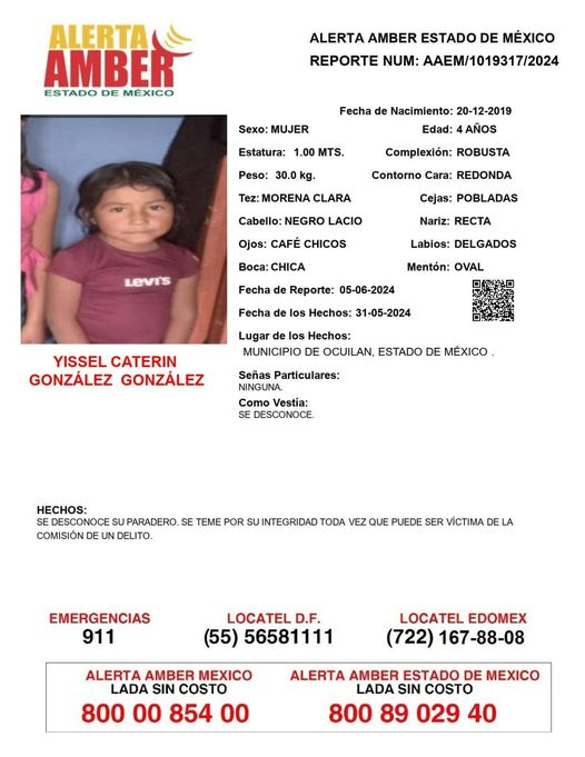 Fam_Unidas_AC's tweet photo. Te necesitamos para localizar Yissel Caterin Glz Glz de 4 años #Desap 31/05/24 en #Ocuilan #Edomex ¿La has visto? #Difunde @AnaLiliaHerrera @JosefinaVM @juarezveromex @LaAlamedaEdoMex @PatyOlamendi @MaluMicher @nancydelasa @NellyCarrascoIV @telediario @rivapa @FelipaRamrez1 https://t.co/7htr1hTeaD