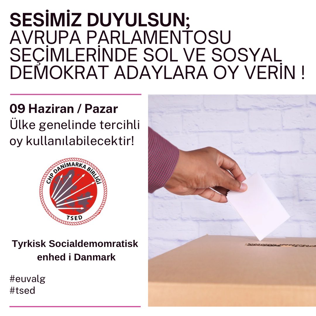 ChpTsed's tweet photo. Sevgili Arkadaşlar; 9 Haziran Pazar gunu Danimarka genelinde, Avrupa Parlemontosu seçimleri yapilacaktir.
TSED olarak yurttaşlarımızın Sosyal Demokrat ve Sol adayları desteklemek üzere oy vermelerini öneriyoruz.
Ülke çapında tercihli oy kullanılabilecektir. #euvalg #tsed https://t.co/ctRugXPt9A