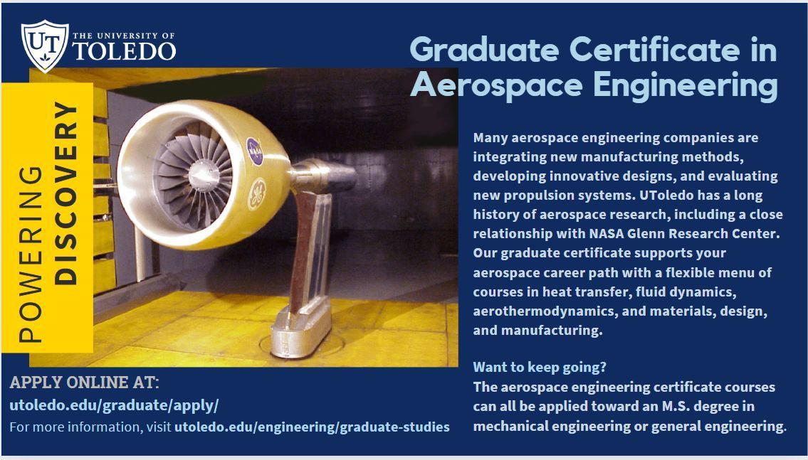 Elevate your aerospace career with the Graduate Certificate in Aerospace Engineering at UToledo. Take the certificate alone or apply it towards an M.S. degree in Mechanical or general engineering. Start advancing your career today!
buff.ly/3XfSKEr
