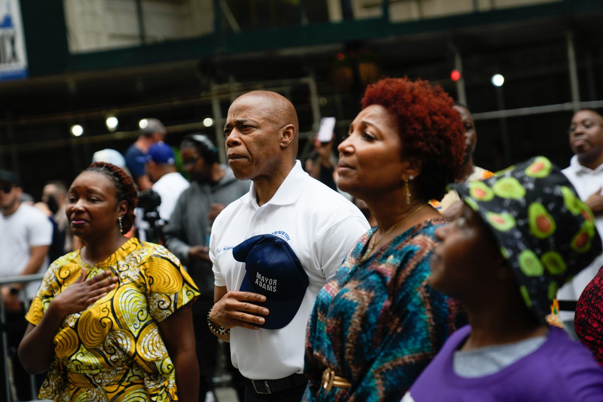 NYCMayor's tweet image. Juneteenth is a story that began with broken chains and will continue until we break them all.

By raising the Juneteenth flag at Bowling Green today, we reflect and honor how far we&apos;ve come and how much more work there is to do to build a more equitable city and nation.