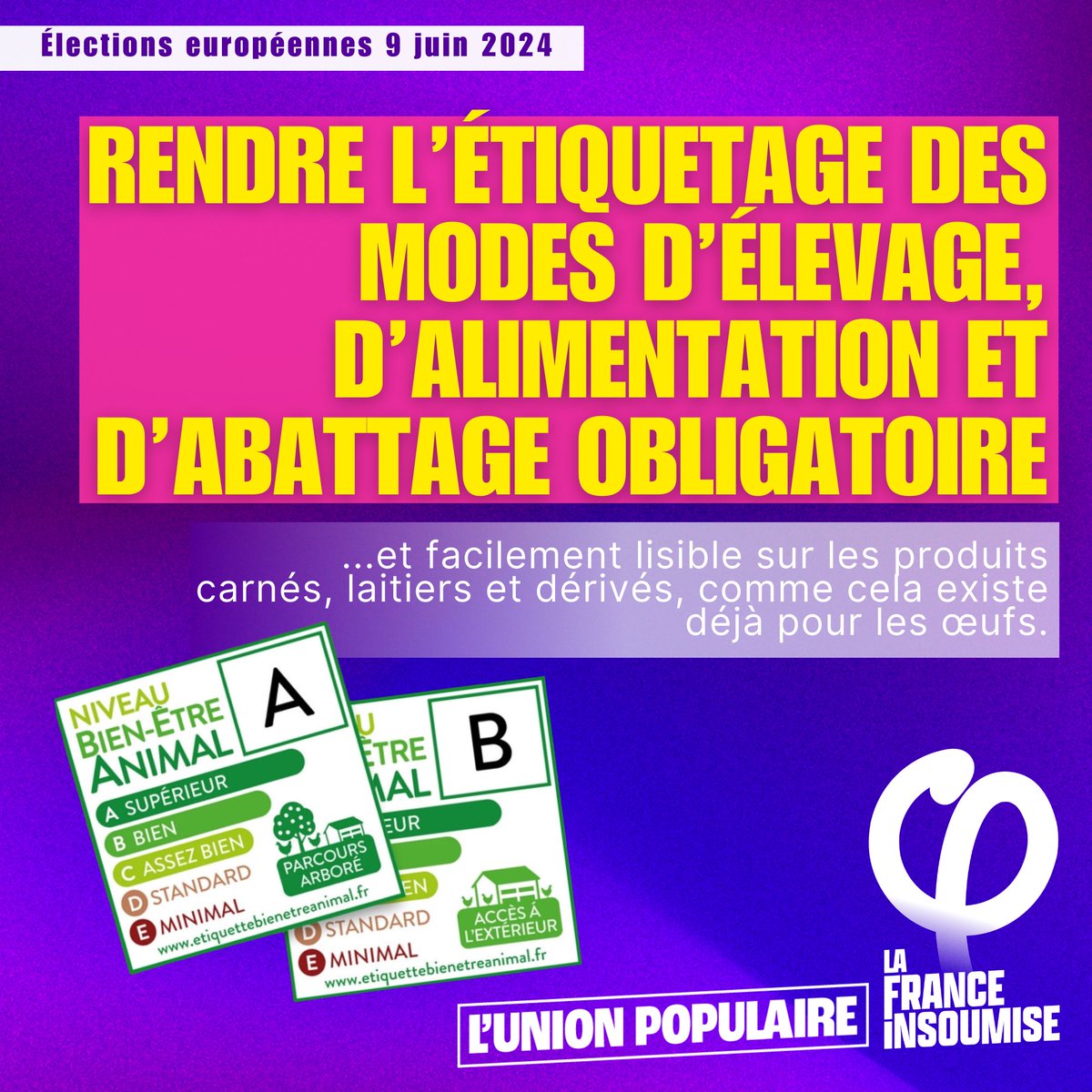 AnimauxInsoumis's tweet photo. Conformément à notre programme et à notre livret qui complète le programme, la liste  #UnionPopulaire de @ManonAubryFr  veut rendre obligatoire l’étiquetage des modes d’élevage et d’abattage sur les produits carnés, laitiers et dérivés et encadrer la pub sur les produits animaux https://t.co/SLjeVc24Eo