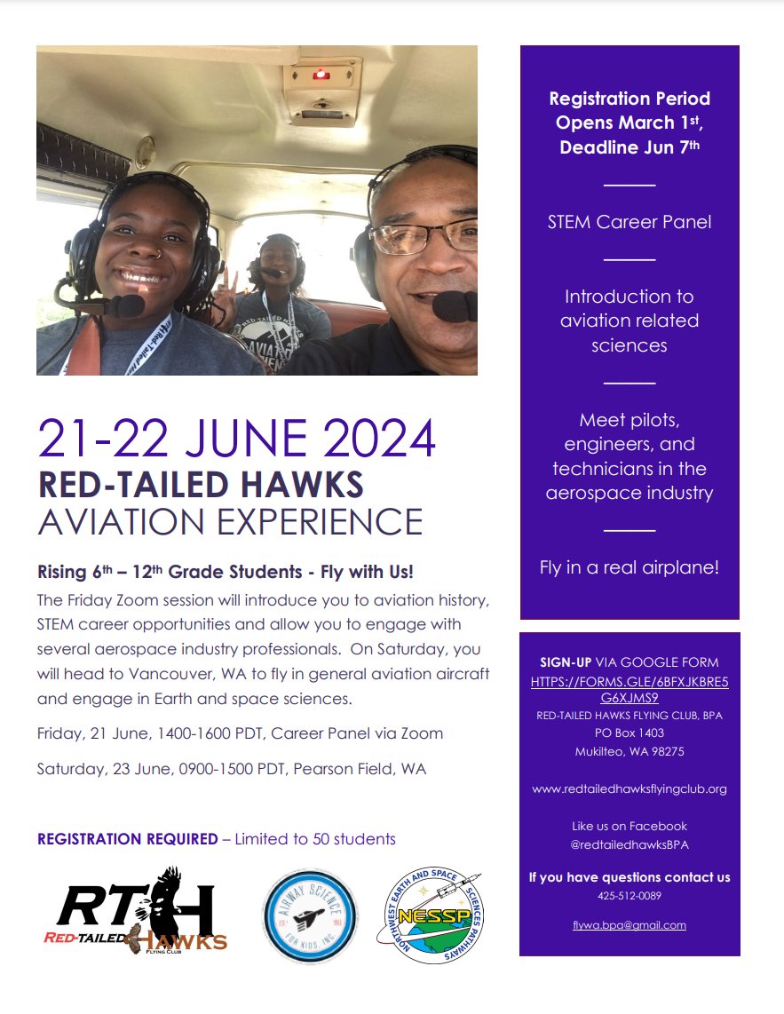 Registration ends June 7th!

Join the Red-Tailed Hawks for an exciting aviation and STEM adventure designed especially for families of underrepresented middle and high school students!

REGISTRATION REQUIRED – Limited to 50 students

forms.gle/6BfxJkBrE5G6XJ…