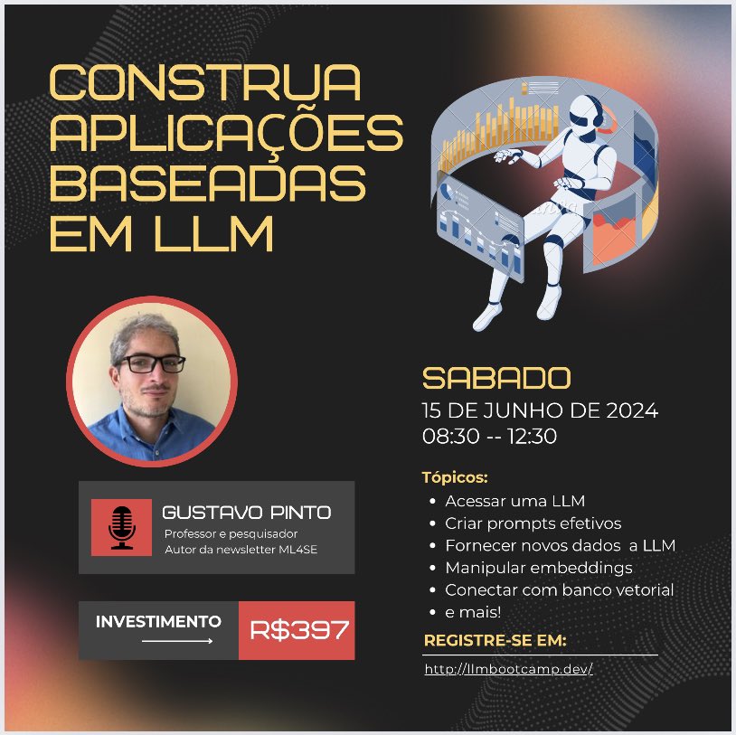 Quer aprender a construir aplicações que usem LLMs, ainda em Junho?

Ainda temos vagas para o bootcamp LLM4Devs: llmbootcamp.dev

E ainda:

🎥 Acesso a três cursos online
🏘️ Participe de uma comunidade para continuar seus estudos
🧑‍🏫 Me pergunte o que quiser, quando quiser