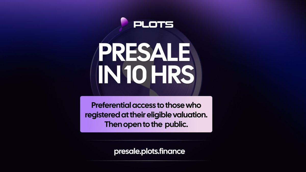 ⏰ 10 hours until the $PLOTS presale. Access the presale at presale.plots.finance

🔴 Make sure you have enough ETH for gas fees (~$25 transaction gas fee) The presale can be bought using: ETH, USDT or USDC.

We will launch the $PLOTS presale on Friday June 7th at 7am UTC ⚡