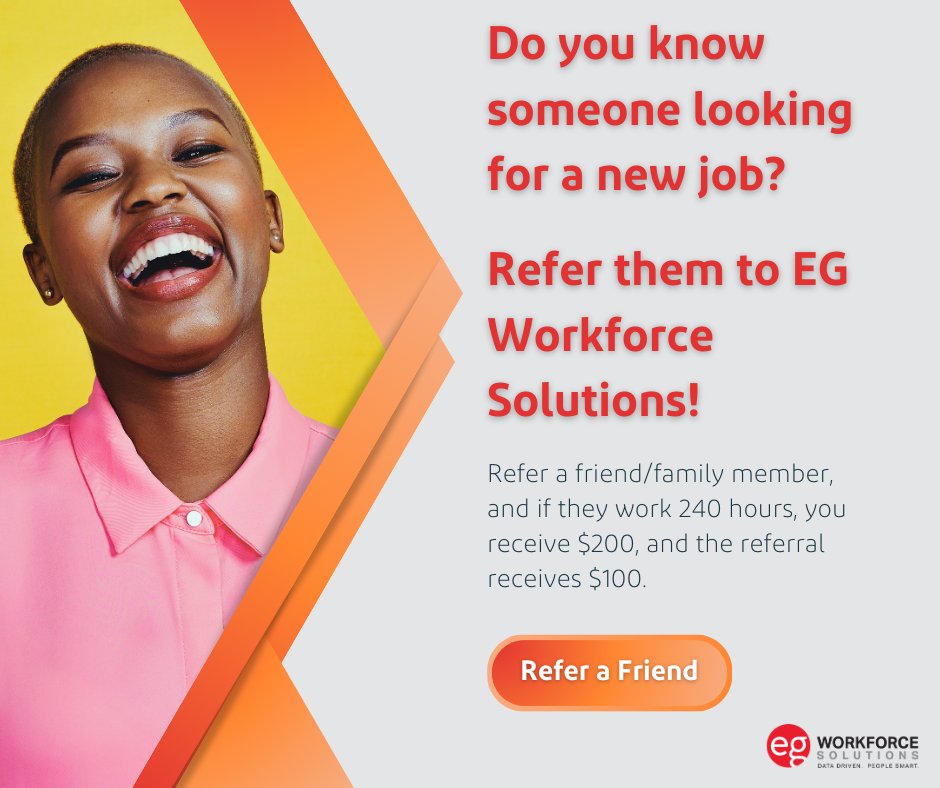 TeamEGNow's tweet photo. EG's referral program lets you refer your friends and family to work with EG and rewards you for doing so! When you refer a friend/family member, and if they work 240 hours, you receive $200, and your referral receives $100.

Learn more: https://t.co/ZDMfwXwBGH https://t.co/o9KWYkPd6F