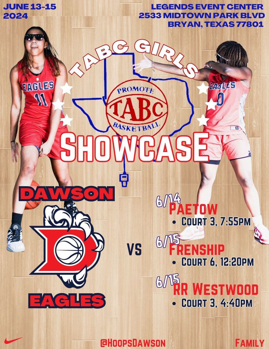 HoopsDawson's tweet photo. It might be the summertime, but we gon’ ball regardless! 👀 Your Lady Eagles will be participating in the TABC Showcase next weekend. We hope to see you in Bryan, Texas! 🏀🦅 #YourPart 🙌🏾 @DawsonHighSchl @AthlPearlandisd @TedDunnam @drdavis111 @Tabchoops https://t.co/qswUBsfVkq