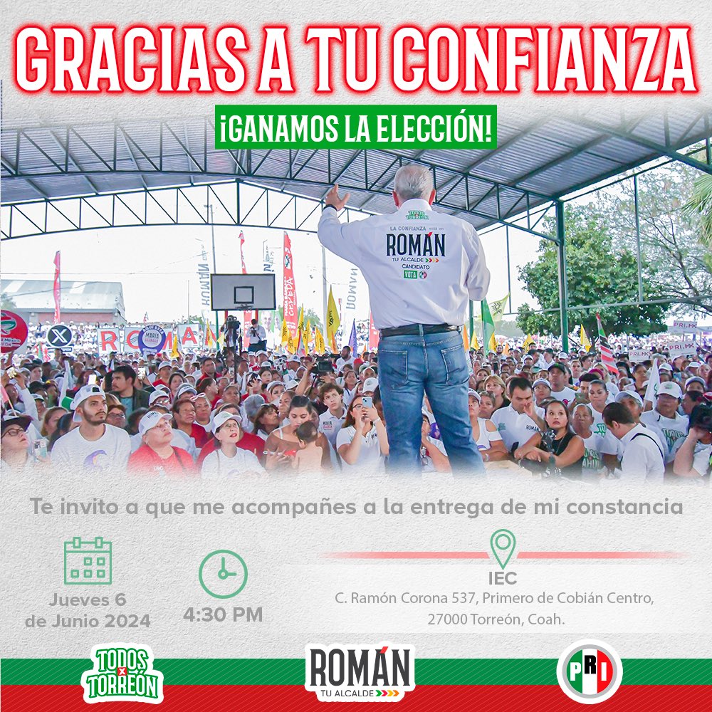 Acompáñame esta tarde a la entrega de mi constancia como Presidente Municipal de Torreón para el periodo 2025-2027. Me dará mucho gusto saludarte y agradecer tu apoyo 🤝🏻. ¡Con tu confianza, ganó Torreón 🙌🏻!
