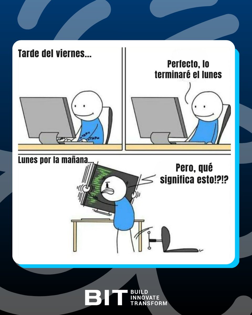 bit_institute's tweet photo. ¿Te ha pasado? 😅 Esa sensación cuando dejas algo para el lunes y al regresar... ¡Sorpresa! El código no es lo que recordabas.

Visita 💻 bit. Institute
📲 3023349919

#BITInstitute #Bogota #Meme #Programadores #Funny #Humor #Memes #MemesdeProgramadores #MemesdeDesarrolladores https://t.co/HUwjIvR7xr