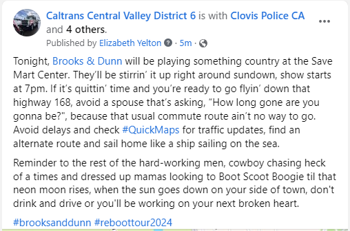 CaltransDist6's tweet photo. Tonight, Brooks & Dunn will be playing something country at the Save Mart Center. Avoid delays and check #QuickMaps for traffic updates, find an alternate route and sail home like a ship sailing on the sea.
#brooksanddunn #reboottour2024 https://t.co/0cdKknFmi4