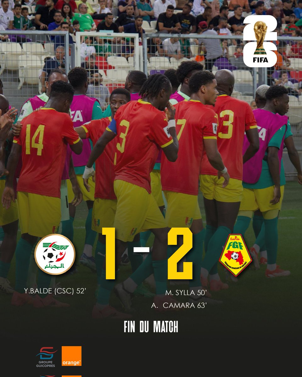 C'est fait la Guinée bat l'Algérie à Alger. Une victoire très mérité de la part des hommes de KD félicitation aux joueurs. Le match était bien contrôler par nos joueurs et un fond de jeu tres promoteur objectif coupe du monde 2026.