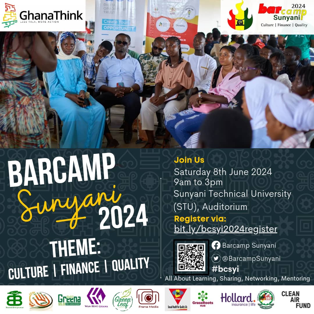 BarcampSunyani's tweet photo. Over 500 participants have registered to attend @BarcampSunyani this Saturday, June 8, 2024 at the Sunyani Technical University Auditorium (@stughana).
It's not too late for you to register as well.
#bcsyi
#CleanAirGhana https://t.co/osWNyeRwus