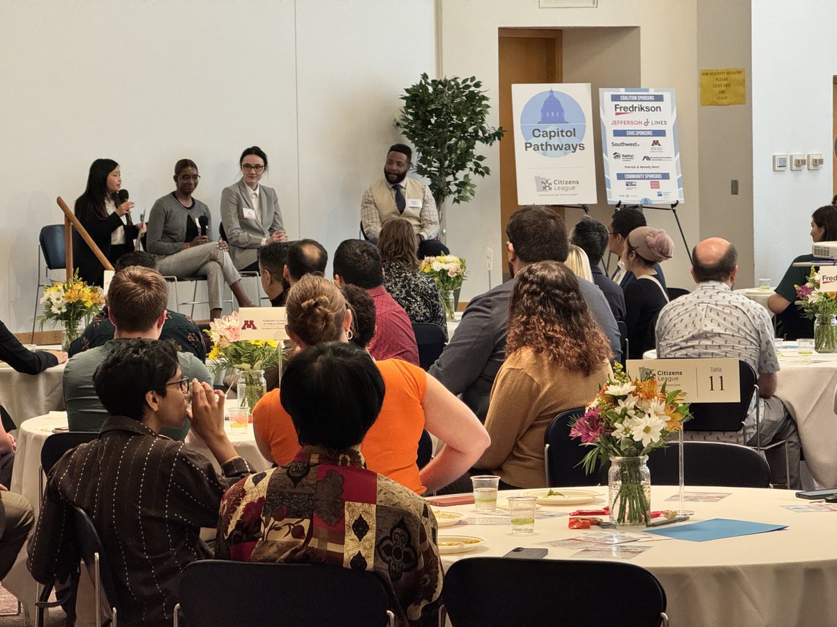CitizensLeague's tweet photo. Our #CapitolPathways event seeks to center to voices of those closest to the program, welcoming a panel with program manager Kalia Xiong, 2024 Capitol Pathways interns Marrea Taylor-Knighten, and Mya Hillerud, Capitol Pathways alum and current board member Robert Harper. https://t.co/YhOj2iUU5t