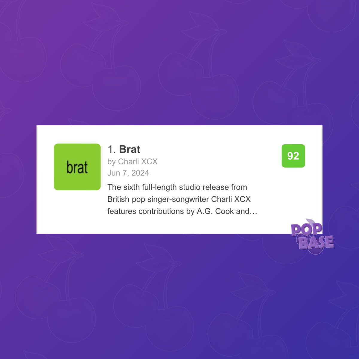 PopBase's tweet photo. ‘brat’ by Charli XCX reaches a new score of 92 on Metacritic. It's currently the most acclaimed album of 2024. https://t.co/AQEdmjXq9S