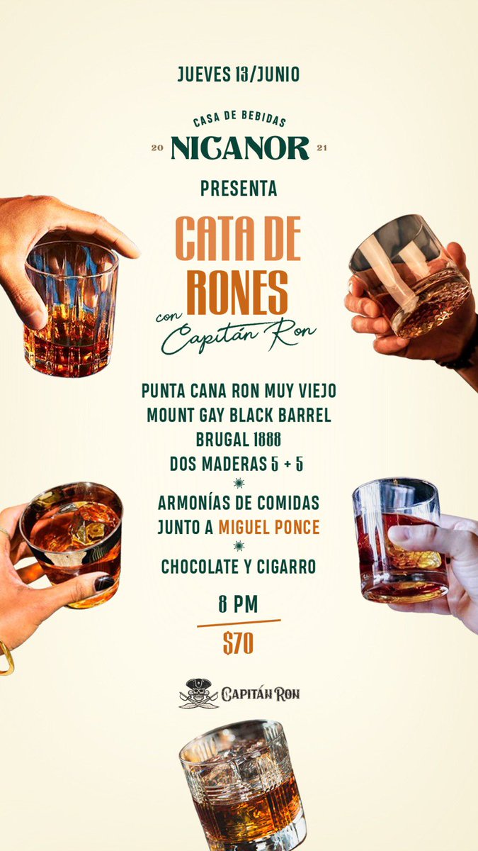 Cata de Rones en Nicanor
Tenemos una selección espléndida de Rones acompañado de platillos a cargo del Chef Miguel Ponce, un evento para no perdérselo!!  😎🌴🥃