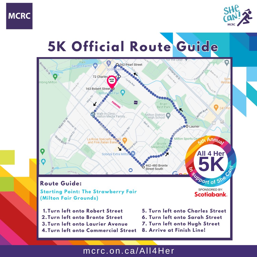 MCRCHalton's tweet image. Ready, set, GO! Check out the Official Route Guides for the All 4 Her 5k run and 2.5k  community and family walk.
Visit mcrc.on.ca/all4her and register to participate in MCRC's 5th Annual All 4 Her 5k in support of She Can! Programs

#All4Her #RouteGuide #5K