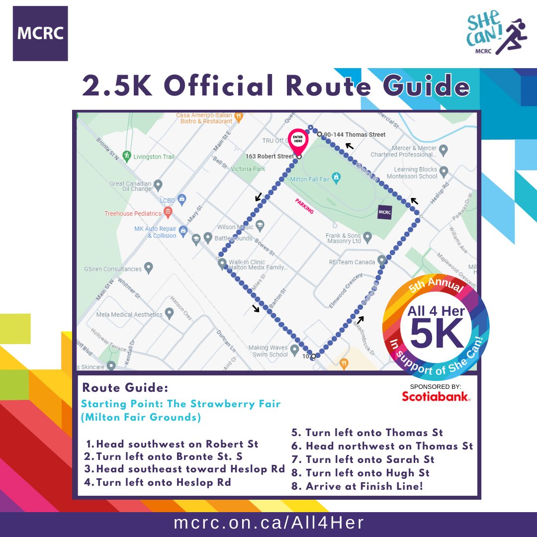 Ready, set, GO! Check out the Official Route Guides for the All 4 Her 5k run and 2.5k  community and family walk.
Visit mcrc.on.ca/all4her and register to participate in MCRC's 5th Annual All 4 Her 5k in support of She Can! Programs

#All4Her #RouteGuide #5K