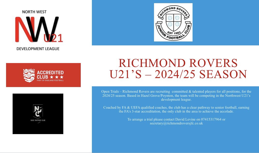 We are pleased to announce that from the 24/25 season, we will be operating an U21’s team in line with the clubs ambitious plans. 
Competing in the <a href="/northwestu21/">NorthWest U21 Development League</a> , and operated by FA &amp; UEFA qualified coaches , please get in touch if interested, with trials starting in June