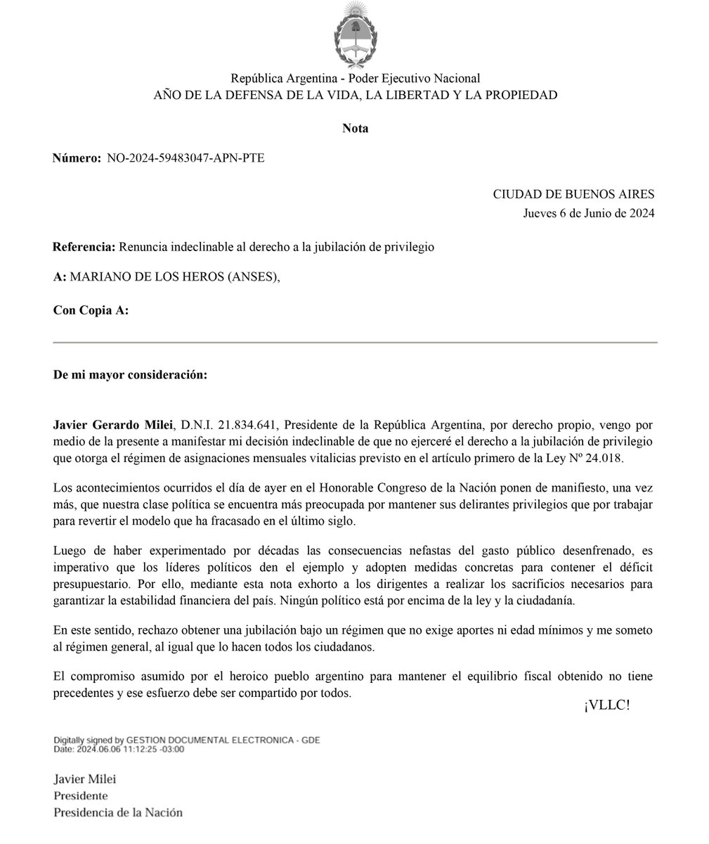 ArgMilei's tweet photo. BREAKING:
Milei document against the CAST!
thread🧵

"I, Javier Gerardo Milei, President of the Argentine Republic, in my own right, I hereby come to express my unwavering decision to not exercise the right to the privileged retirement granted by the lifetime allowance system... https://t.co/BGplCvDpF0