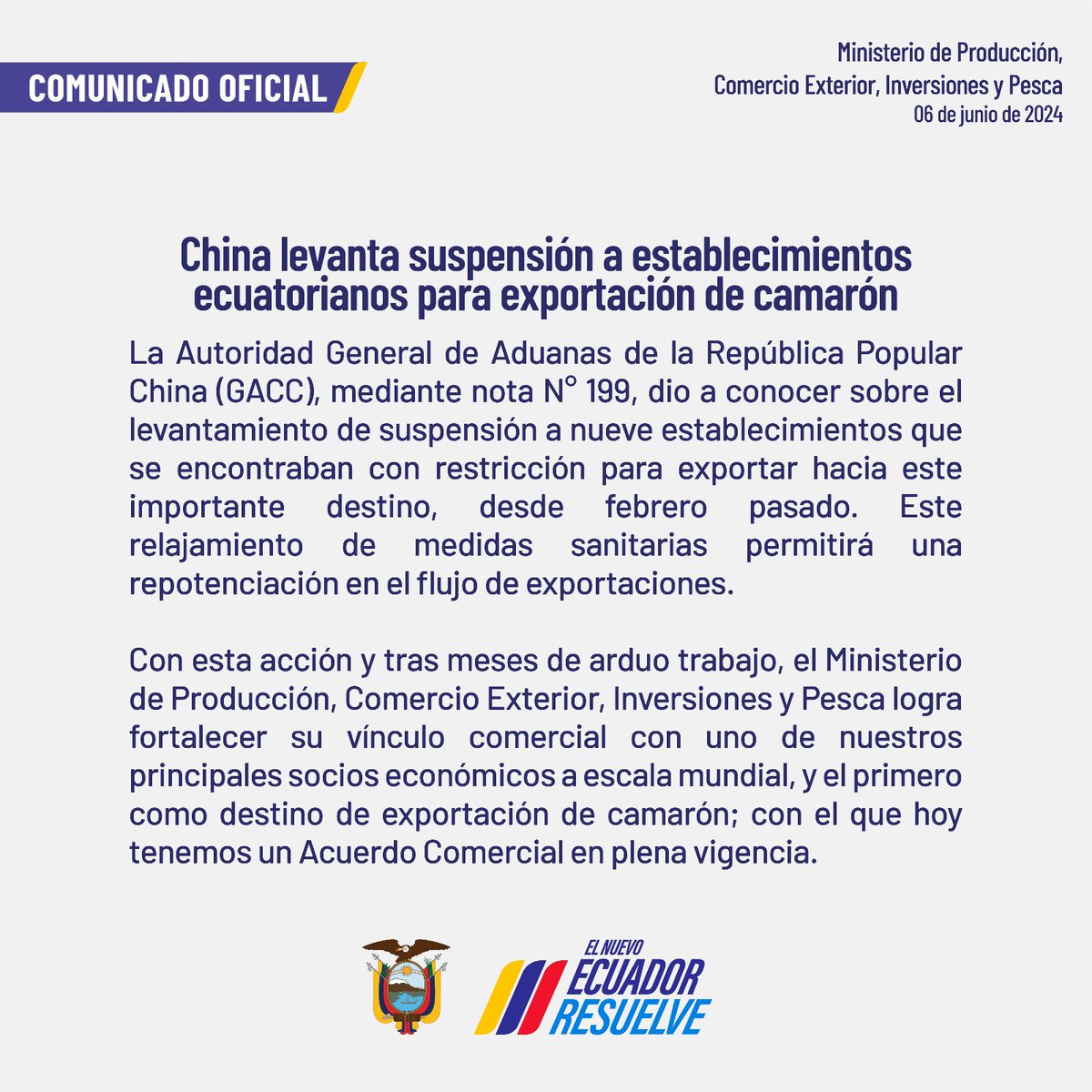 ¡𝐁𝐮𝐞𝐧𝐚𝐬 𝐧𝐨𝐭𝐢𝐜𝐢𝐚𝐬 𝐩𝐚𝐫𝐚 𝐥𝐚𝐬 𝐞𝐱𝐩𝐨𝐫𝐭𝐚𝐜𝐢𝐨𝐧𝐞𝐬 𝐝𝐞 𝐜𝐚𝐦𝐚𝐫ó𝐧 𝐞𝐜𝐮𝐚𝐭𝐨𝐫𝐢𝐚𝐧𝐨!

Recuperamos fuerza en uno de nuestros mercados más importantes. ¡El vínculo comercial con nuestro principal socio se fortalece!
🇪🇨🦐🇨🇳

Lee aquí el detalle👇