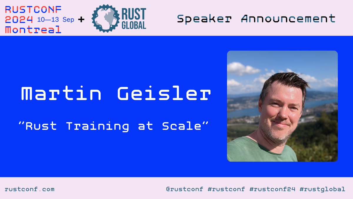 rustconf's tweet image. 🎓 Up next for #rustglobal is @mrtngslr, Senior Engineer at Google.

Martin will share how the Andriod team set out to train 1000’s of engineers in Rust in his talk “Rust Training at Scale” #rustconf24
