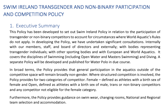 TheCountessIE's tweet photo. SPORT: @swimireland has released its Transgender and Non-Binary Participation and Competition Policy. Swim Ireland is protecting women’s swimming. There will be a Female category based on birth sex and an Open category for males, including men who identify as transgender and non binary and any competitor not eligible for the female category. Swim Ireland determined that prioritisation of fair competition must take precedence over male inclusion. #SaveWomensSports