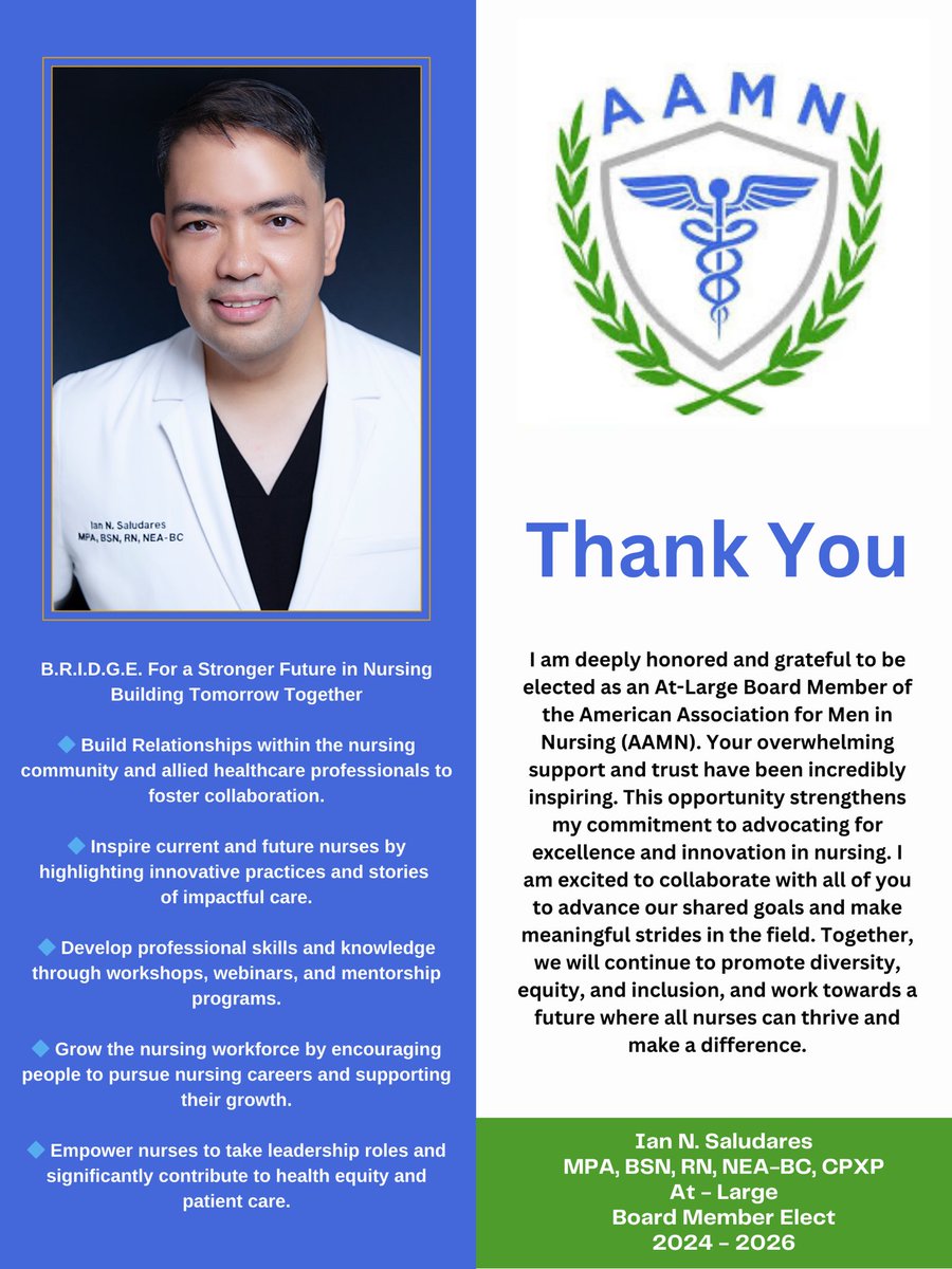 Truly grateful for this incredible honor. Congratulations to our new board of directors  for 2024-2026. Let's achieve great things together! 🌟 #AAMN #NursingLeadership #MenInNursing #InnovationInNursing #DiversityInNursing #ThankYou #LetsDoThis <a href="/AAMN_Nursing/">American Association for Men in Nursing</a>
