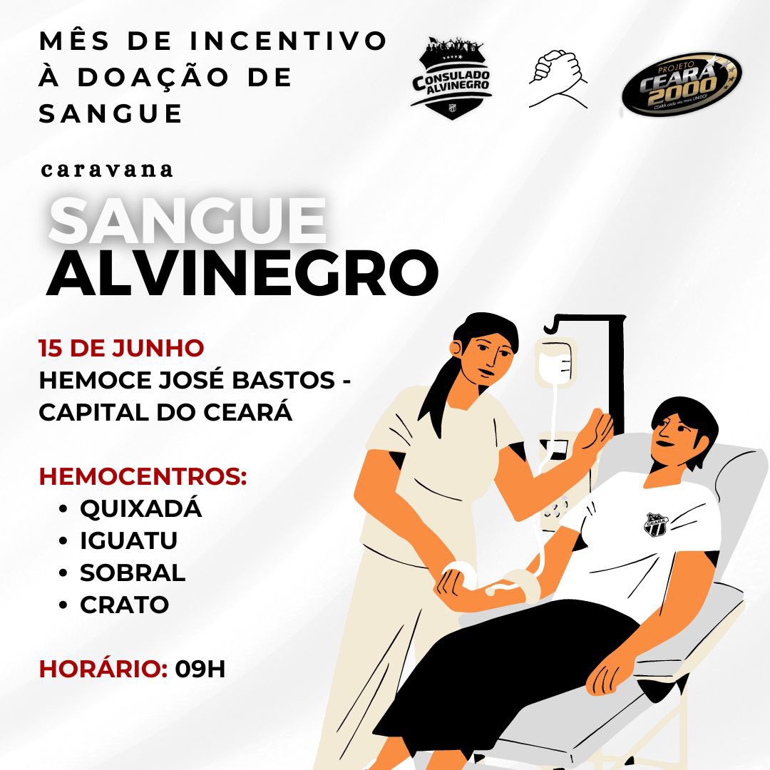 pc2000_'s tweet image. O PC 2000, em parceria com os Consulados Alvinegros, convida para uma campanha de doação de sangue no Dia D de Doação, no sábado, 15 de junho. O evento ocorrerá no Hemoce da José Bastos, em Fortaleza, e nas cidades de Quixadá, Iguatu, Sobral e Crato.Participe e seja um herói!🏁🩸