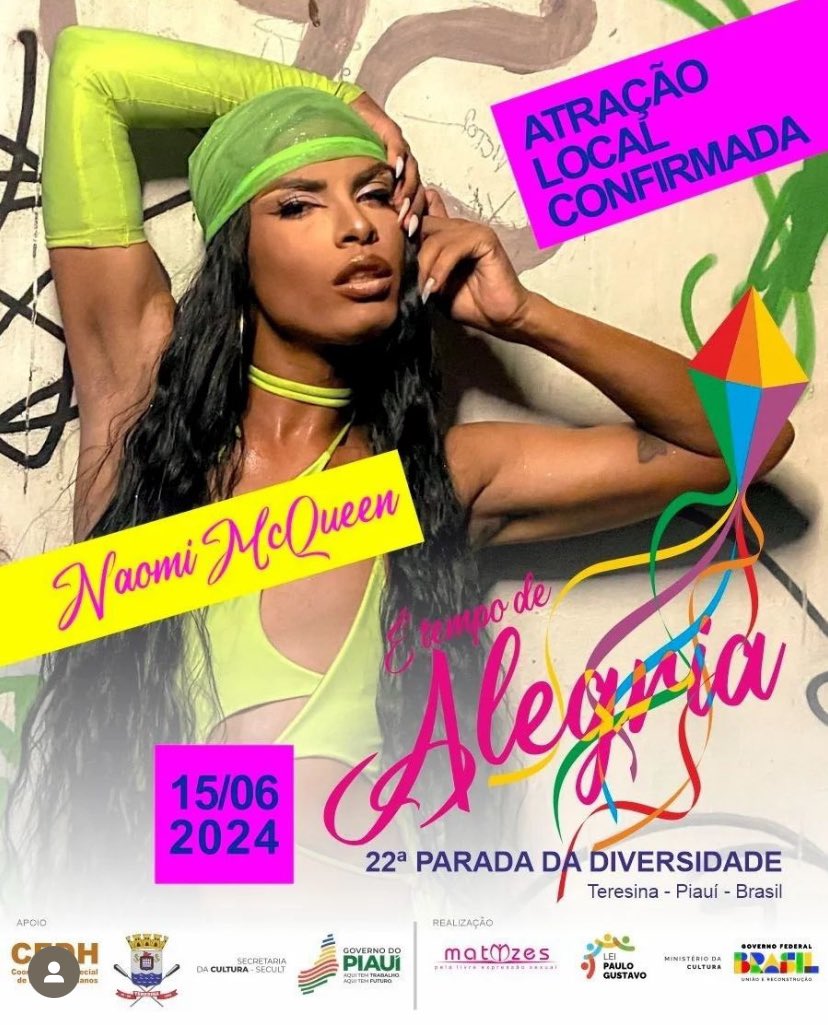 4evernaomi1's tweet photo. Estou muito feliz e realizada com tamanho reconhecimento. Quero ver todes no dia 15/06, celebrando a 22ª Parada da Diversidade de Teresina. Vai ter eu e uma galera talentosíssima junto pra fazer essa festa acontecer. Aguardo vocês lá! https://t.co/eca2Eda8zm