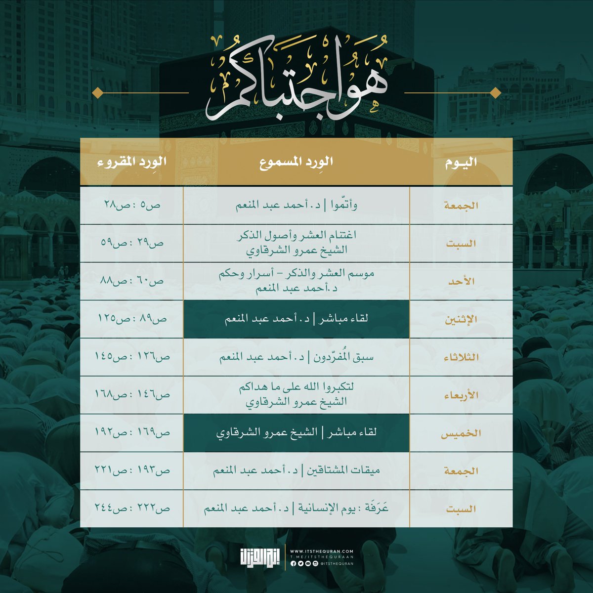 ItsTheQuran's tweet photo. ﴿هو ٱجتبىٰكم﴾ [الحج ٧٨] 
موسم تجديد العهد على أن نكون على قدر ذلك الاجتباء، بالتقرب إلى الله بكل أنواع الطاعات من ذكر ومعرفة وإخبات وتربية النفس على معاني الإيمان التي تضبط السعي نحو (مقصد واحد) 

برنامج الموســــم: 
🔸دروس حول الذكر مع شيوخنا: 
د.أحمد عبد المنعم / الشيخ عمرو الشرقاوي 
🔸كتاب: وقفات تربوية من خلال آيات الحج (https://t.co/mM8jObLcm6) 
🔸وقفة مع آيات الحج 
🔸توصية بذكر يومي 

اجهروا بالتكبير، وأكثروا من الذكر، وأروا الله من أنفسكم خيرًا لنكون أهلًا لاجتبائه 

كل عام وأمتنــا الإسلامية وجســدنا الواحد في خير وعافية ووحدة واجتماع🍃