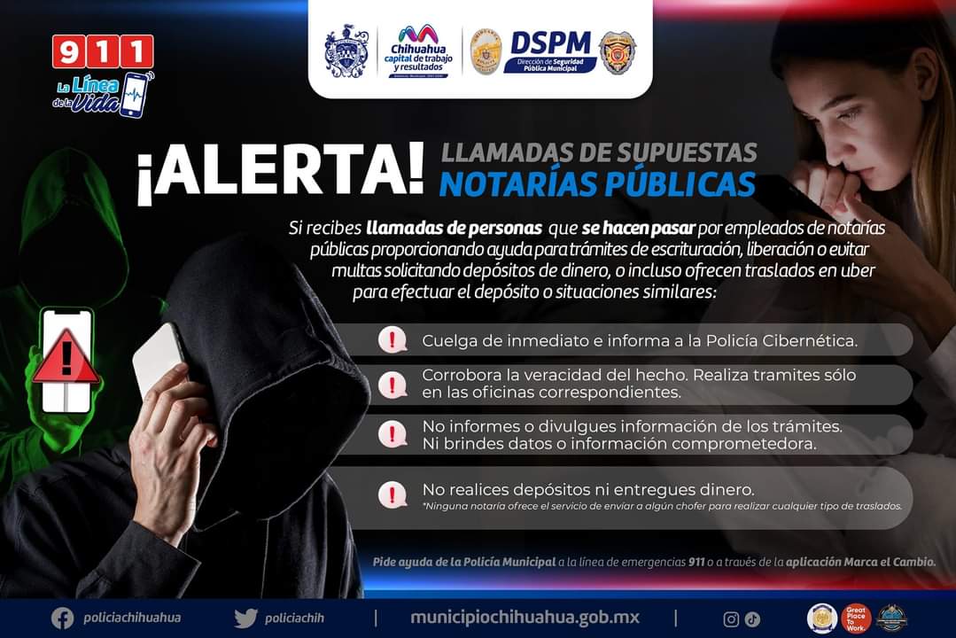 ⚠️ Alerta ⚠️ 🚨Nuevo fraude, personas se hacen pasar por empleados de notarías públicas proporcionando el servicio de trámites por medio de depósitos. Te invitamos a seguir las recomendaciones para evitar estafas.

Realiza tu denuncia al ☎️614-442-7300 extensión 3214.