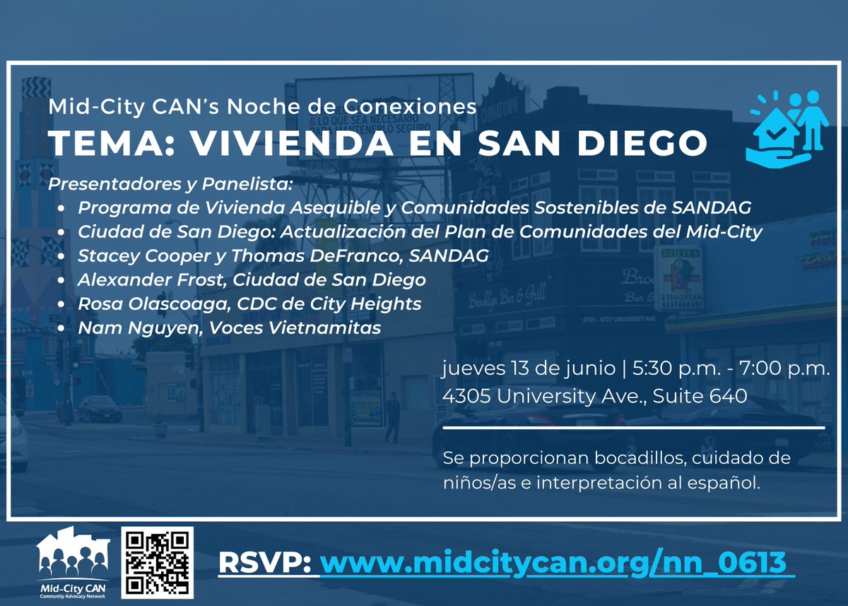Mid-City CAN is excited to host our first Networking Night of the year on Thursday, June 13! Join us for a Networking Night focused on housing affordability and development in San Diego. RSVP:

midcitycan.org/nn_0613