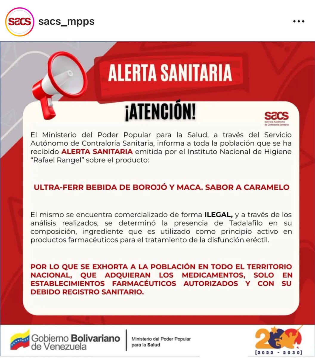LafranciscanaF's tweet photo. #ULTIMAHORA Alerta sanitaria ‼️ 
Emitida por el Instituto Nacional de Higiene “Rafael Rangel” sobre los productos Vitafer-L. Tabletas y Ultra-Ferr Bebida.

El ente SACS_MPPS Informó a toda la población que se determinó la presencia de Sildenafil C y Tadalafilo en su composición https://t.co/aTL4HwmzRK