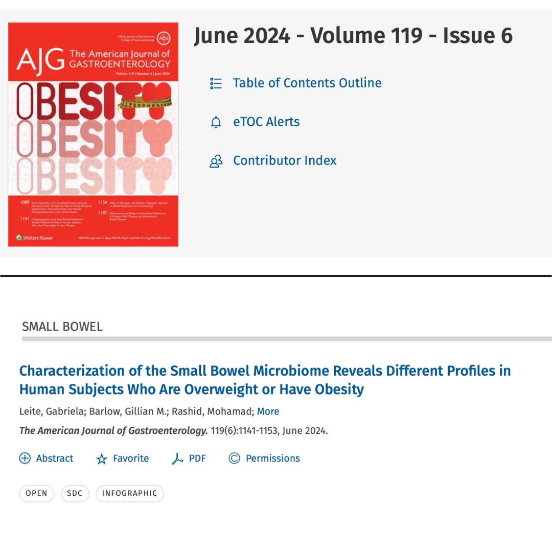 🚨The June special Obesity issue of <a href="/AmJGastro/">AJG - The American Journal of Gastroenterology</a> is out! bit.ly/AmJGastro

We contributed an article under the "Small Bowel" section. Read more about the 4 duodenal microbial profiles we identified in normal weight, overweight &amp; obesity subjects here
journals.lww.com/ajg/fulltext/2…