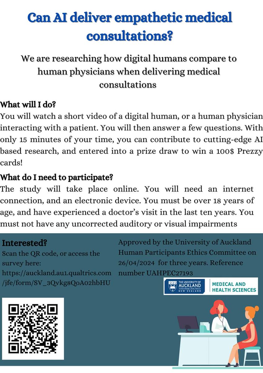 healthpsychakl's tweet photo. 📢Are you interested in helping us work out how an AI-based digital human compares to a human physician delivering a brief medical consultation?👩‍⚕️⚕️

Find out more and participate in the online study here: https://t.co/sCQn78v5pp

@FMHS_UoA https://t.co/VrEcwUbtlm