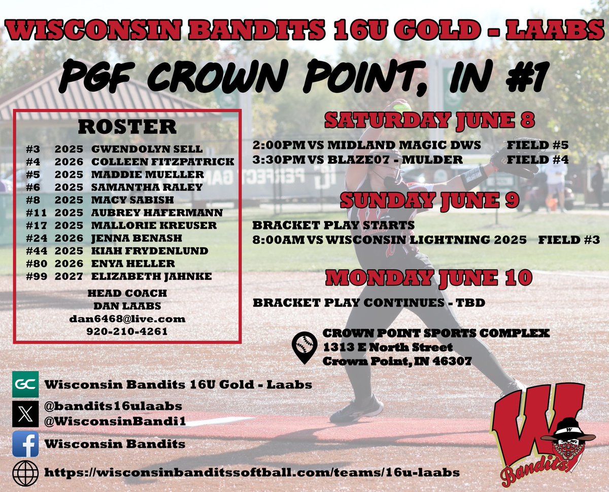 wibanditslaabs's tweet photo. Wisconsin Bandits 16U Gold - Laabs will be kicking off summer in Crown Point this weekend! 
Be sure to come check out these talented athletes! https://t.co/e6oh8lCeMc