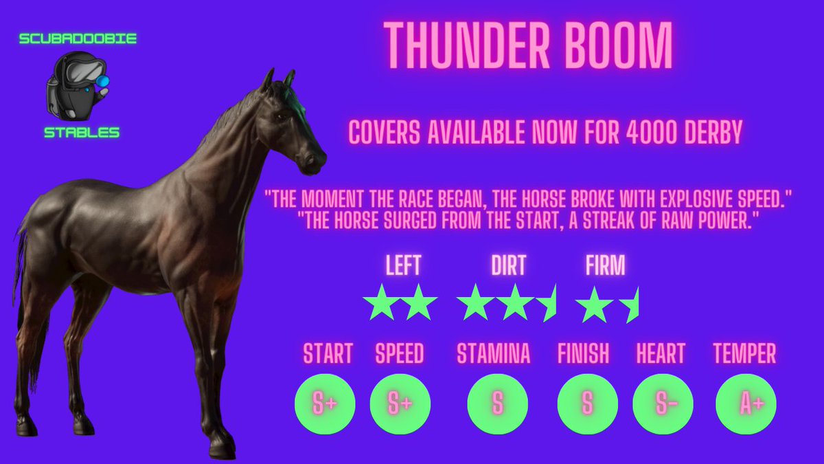 Looking to add some start and speed to your bloodlines? Covers now available for Thunder Boom at 4K Derby. <a href="/photofinishgame/">Photo Finish™ LIVE 🌹 🐎 Virtual Horse Racing</a>