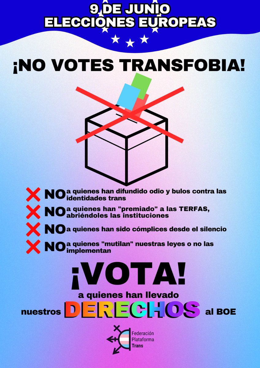 PlataformaTrans's tweet photo. #9J Vota Derechos!! 
❌️ NO a quienes difunden odio, niegan nuestras vidas y nos ponen en la diana de las agresiones.
❌️ NO a quienes permiten con total impunidad la TRANSFOBIA 
❌️ NO a quienes abren las instituciones a Terfas 
❌️ NO a quienes mutilan nuestras leyes https://t.co/uKZDPe3J68