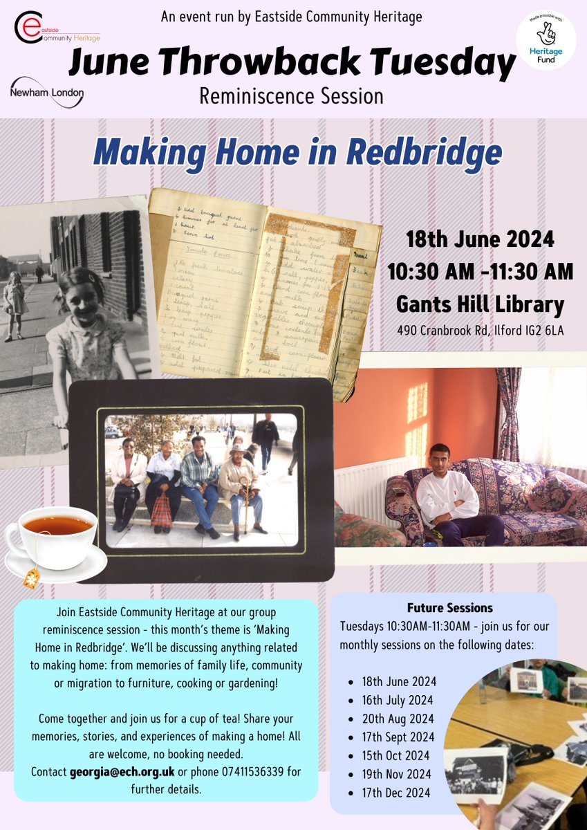 RedbridgeLibs's tweet photo. Eastside Community #Heritage has a free #reminiscence session at Gants Hill #Library; Tues, 18/6, 10.30am. The theme is Making Home in Redbridge. Come join them for a cup of tea &amp; share memories, stories &amp; experiences from your past! For ages 16+. #LoveLibraries #gantshill #ig2 https://t.co/jsVVaUwO8r