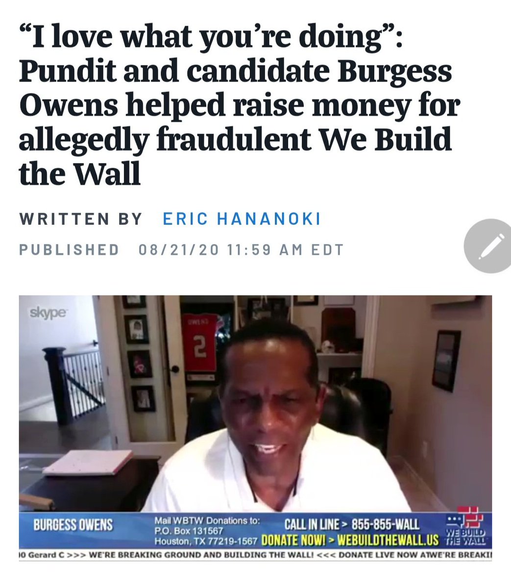 RickWritesNow's tweet photo. Remember when Burgess Owens teamed up with Bannon to raise money for the wall that turned out to be be a big ol scam? #Utahvalues https://t.co/kswuncg2VD