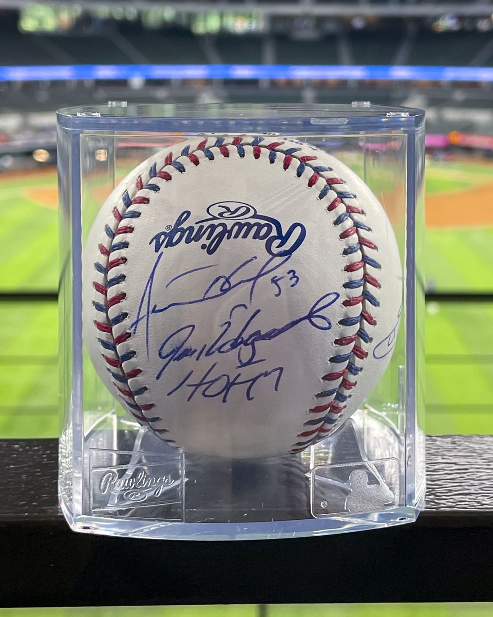 Rangers's tweet image. We're giving away the ultimate Rangers All-Star autographed baseball!

Autographs include all six '23 All-Stars and '95 All Stars, Pudge Rodriguez &amp;amp; Kenny Rogers.

How to enter:
1. Repost this post
2. Reply with your All-Star ballot voting all Rangers.

⭐️ Rangers.com/vote