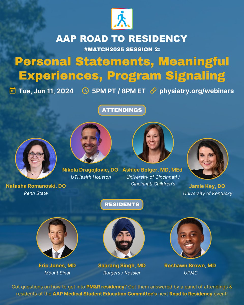 The #Match2025 Road to Residency continues w/ a session on personal statements, meaningful experiences &amp; program signaling. Join us to get updates on the app process + a chance to ask program directors/residents your questions!

📅 Tue, Jun 11
🕓 8PM ET
🔗 physiatry.org/webinars