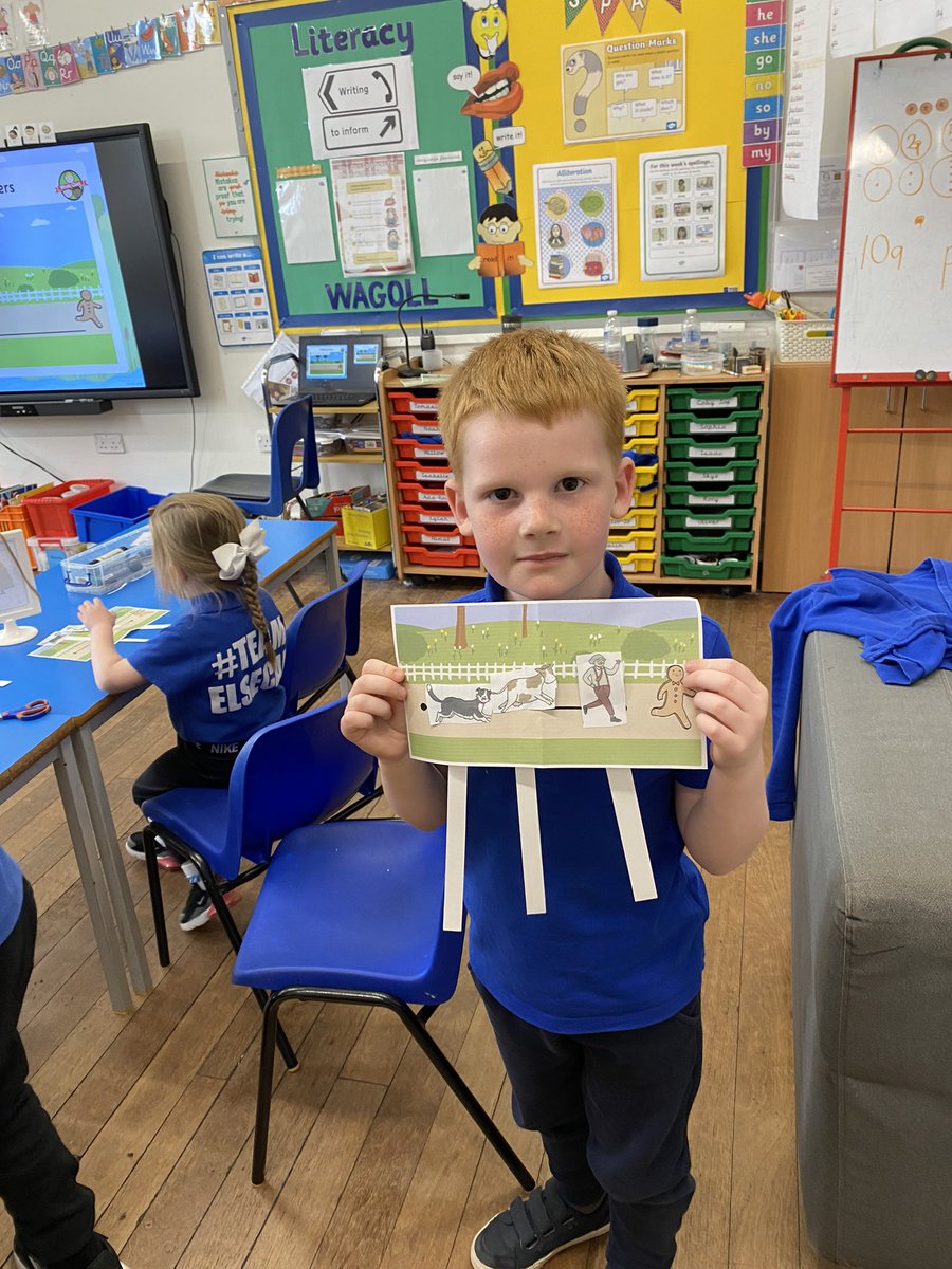MiltonClass1's tweet photo. In DT we crated a moving picture for The Gingerbread man. Our sliders let the characters run after him but they never caught him. #ElsecarDT https://t.co/wRWUhkOkA2