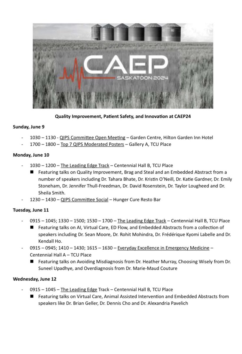 Looking for content on Quality Improvement, Patient Safety and Innovation at #CAEP24? See below for a quick reference! Don’t forget to check out the many great posters, plenaries and other talks here in Saskatoon! <a href="/CAEP_Docs/">CAEP</a> <a href="/CAEPConference/">#CAEP24 Saskatoon</a>