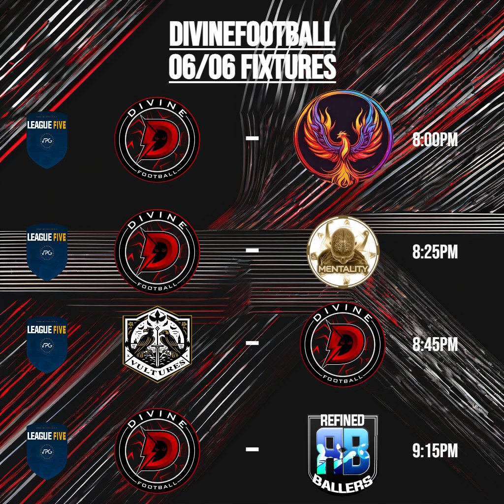 Fixtures for tonight looking to to go into tonight and cement a higher place in the play offs! #VPG #DivineFootball #UpTheDivine