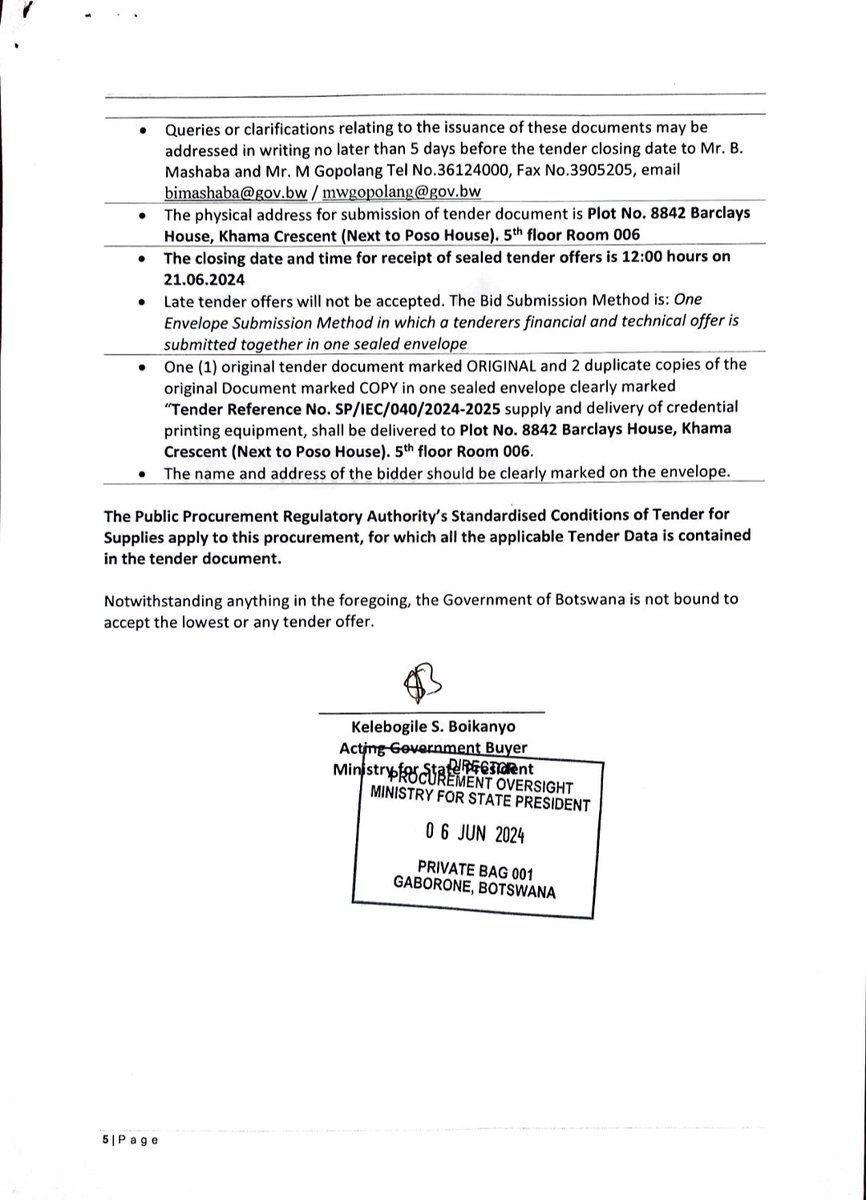 Tender offers are invited from 100% citizen owned companies for the supply and delivery of Credential Printing Equipment  to Independent Electoral Commission in Gaborone. The procurement will be carried out during the 2024/2025 financial year and will be a once off purchase.