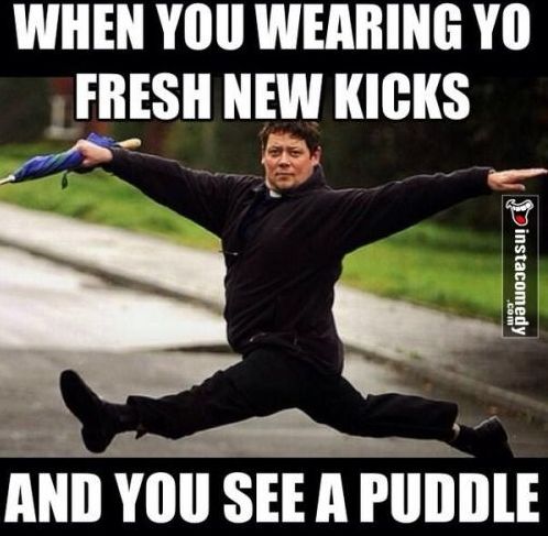 shoesclubca's tweet photo. When you step out in your fresh new kicks and spot a puddle like it's plotting against you... #NopeNotToday 💦👟😂 #FreshKicks #SneakerFears #PuddleDodger #WhyYouGottaDoMeLikeThat https://t.co/EZ6aOjombd