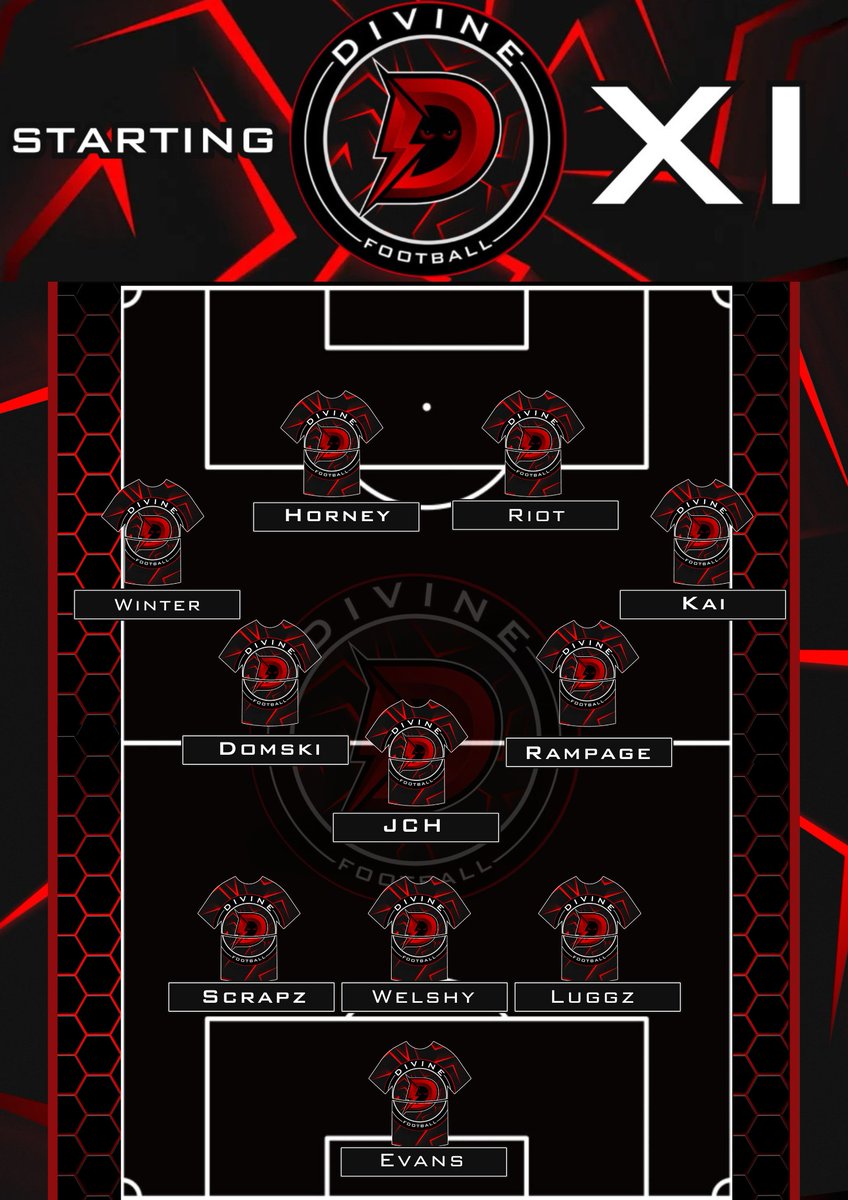 Team for tonight! We see two new players making there debuts today! Kai at RM and @Scrapz90x coming in at LCB! Hoping for all 12 points tonight! #VPG #DivineFootball #UpTheDivine