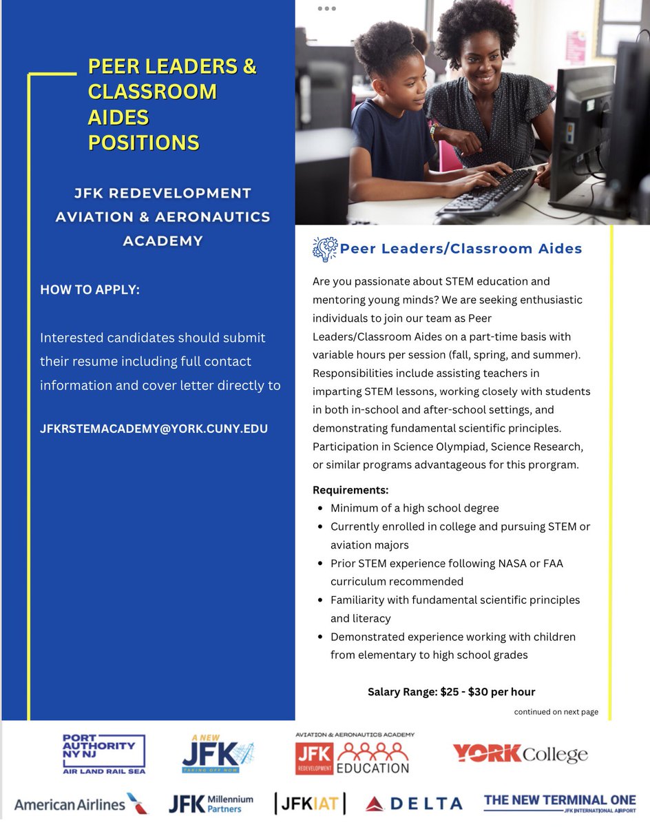 Teaching, Peer Leadership, and Classroom Aides Opportunities at JFK!
