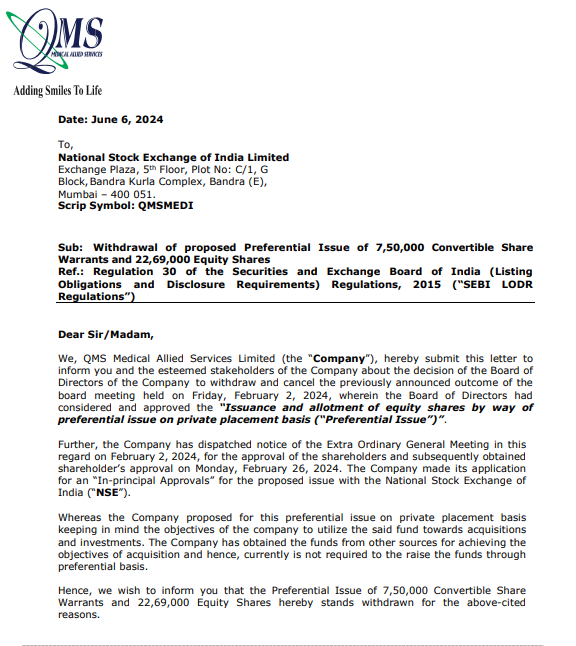 ItsAshishKSingh's tweet photo. Ye kya jhol hai?
#QMS Medical has withdrawn its proposed Preferential Issue because company secured necessary funds through alternative sources.
#QMSMedical https://t.co/dw1japAFl4