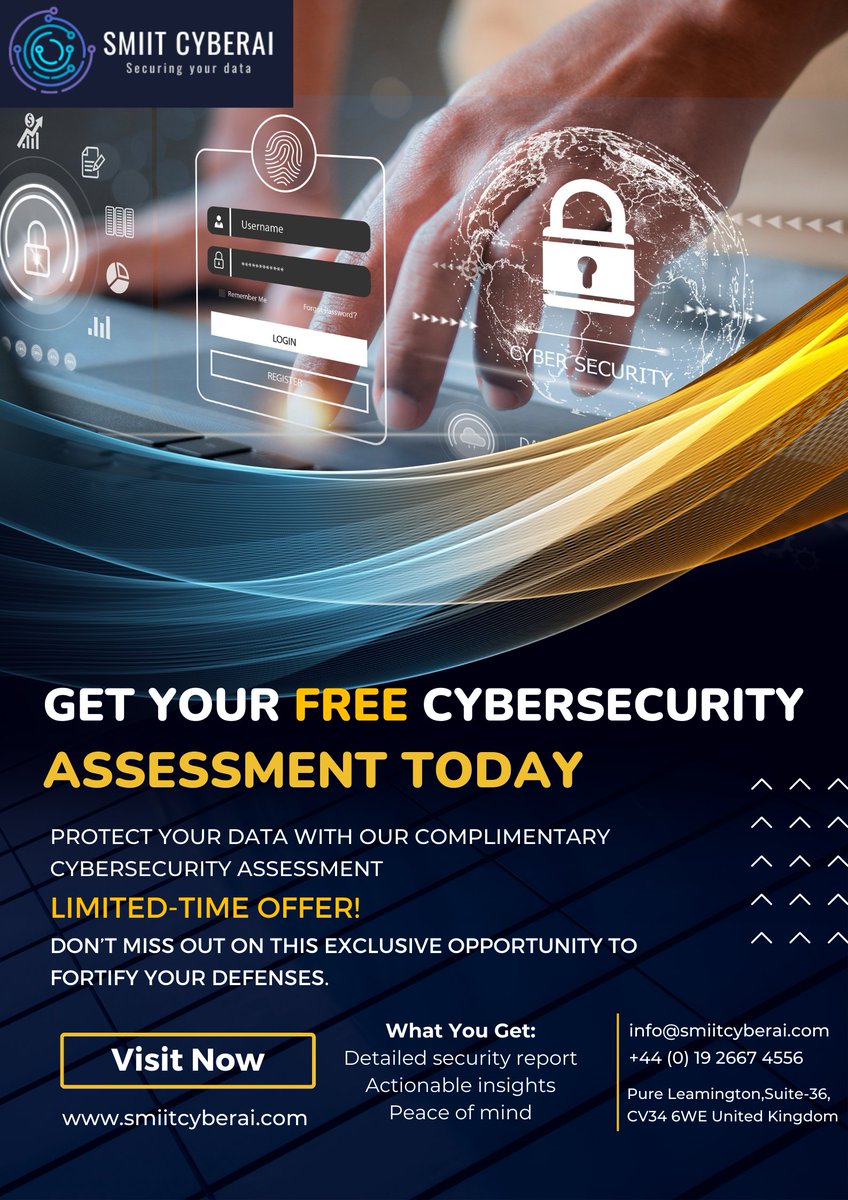 🚀 Protect your data with a FREE Cybersecurity Assessment from SMIIT CyberAI!

🛡️ Get a detailed security report, actionable insights, and peace of mind. Limited-time offer!

Visit smiitcyberai.com now!

#CyberSecurity #FreeAssessment #DataProtection #CyberDefense